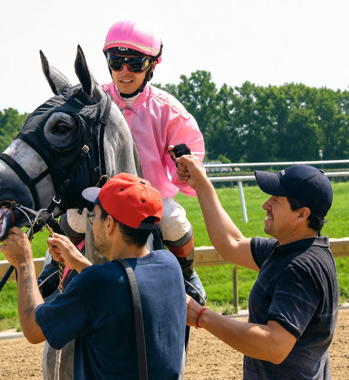 Baltazar Galvan in the winner's circle with a jockey and horse