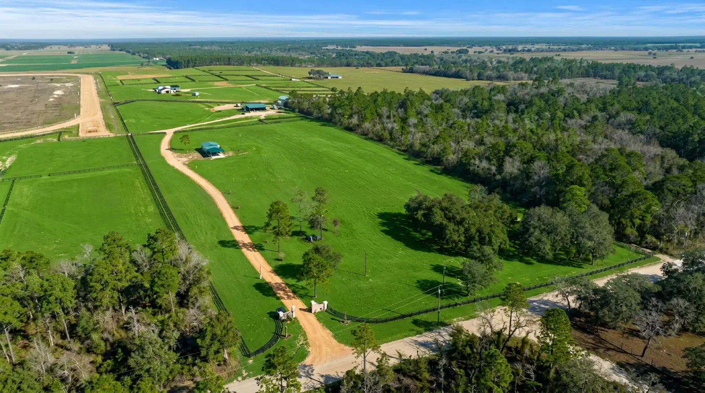 Aerial view of the 20-acre Galvan Racing Stable farm with green pastures and barns
