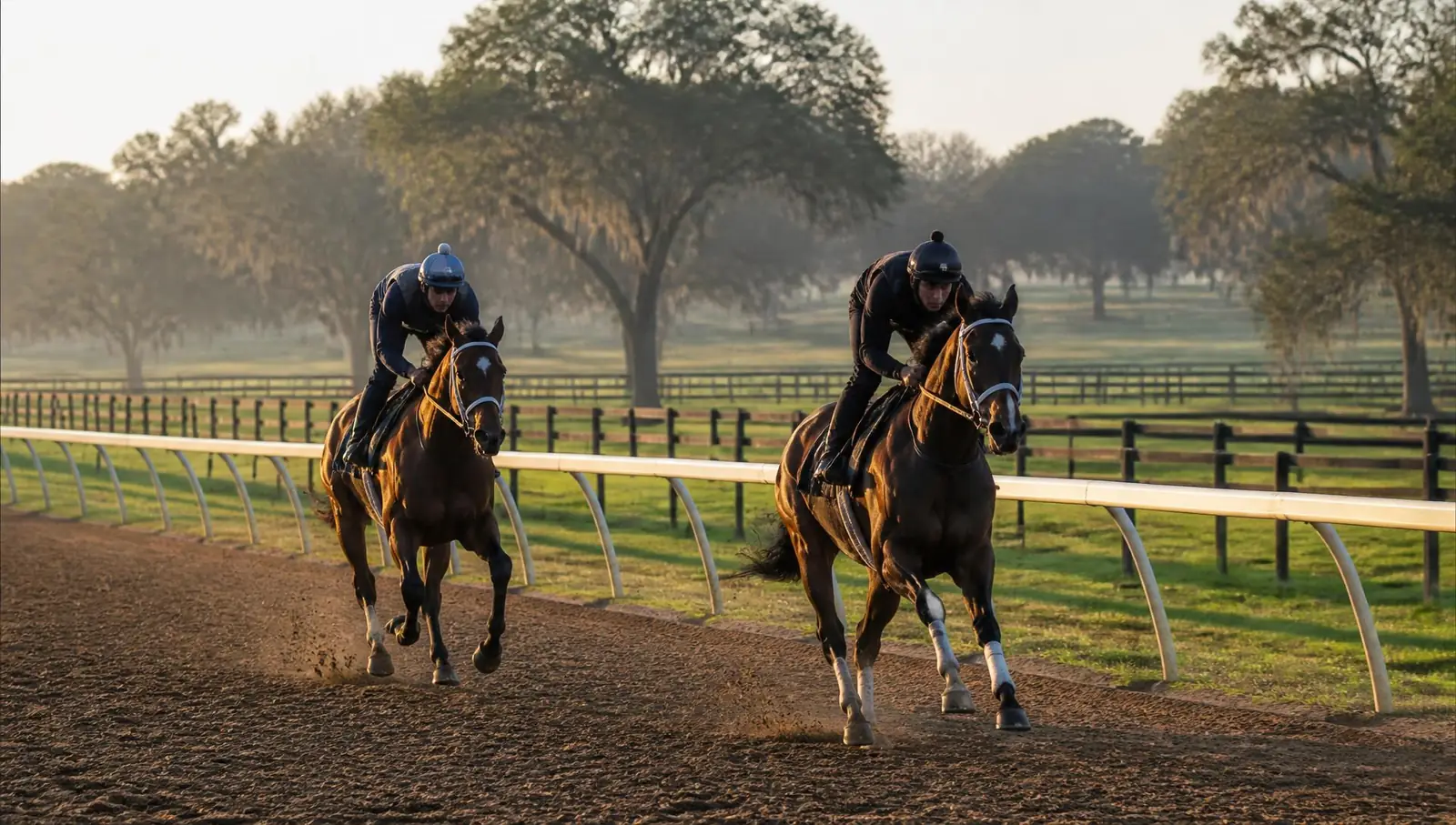 Horses and jockeys galloping on the Williston Mile training track at sunrise