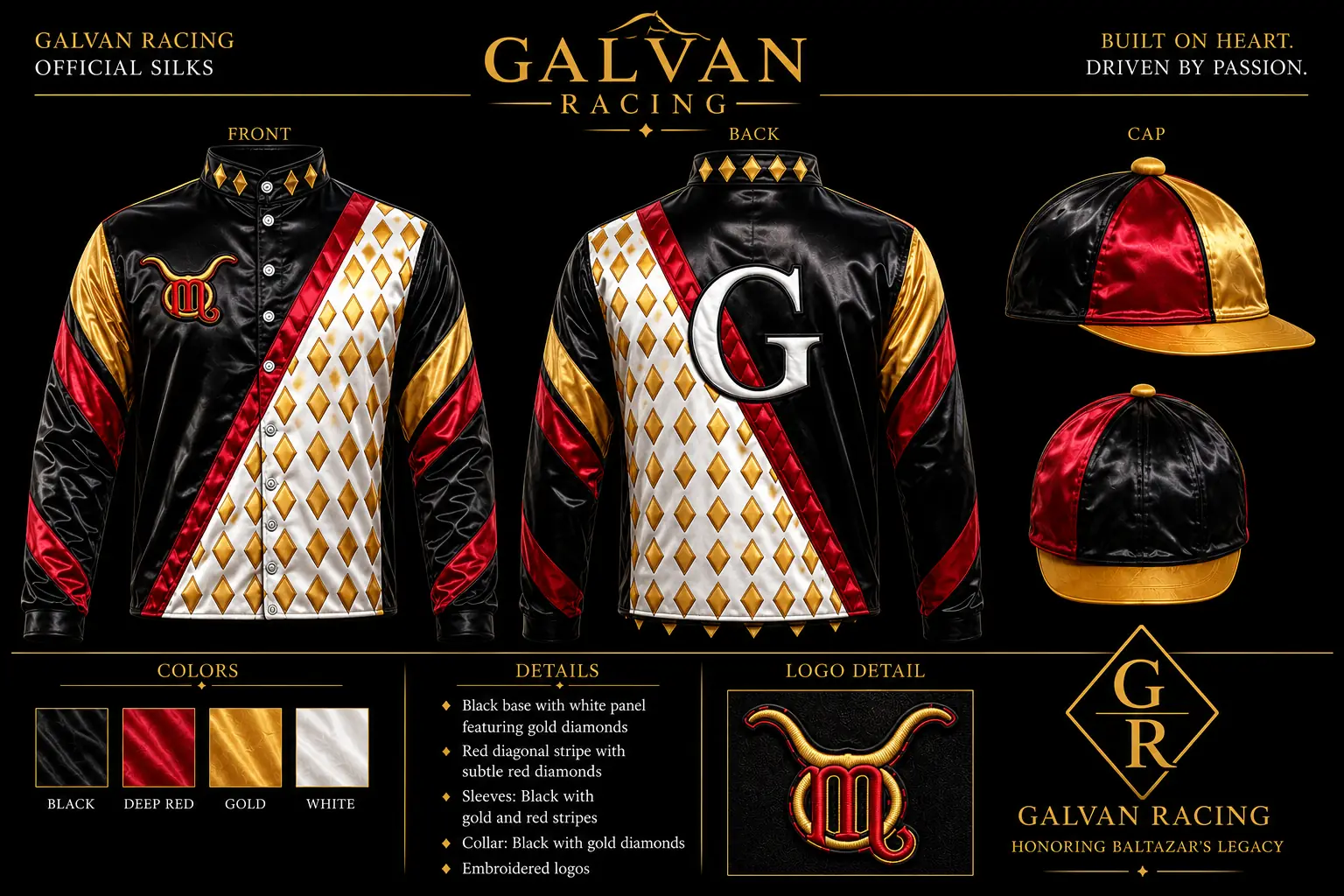 Galvan Racing official silks — black base, white panel with gold diamonds, red diagonal stripe, and matching caps
