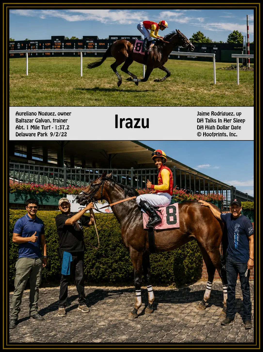 Irazu winner's circle photo — Delaware Park — 9/2/22