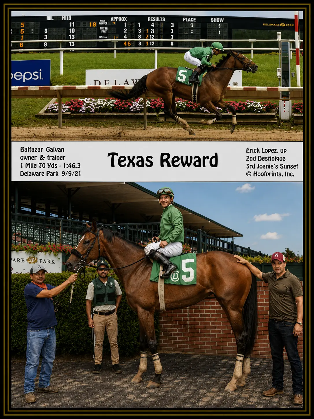 Texas Reward winner's circle photo — Delaware Park — 9/9/21
