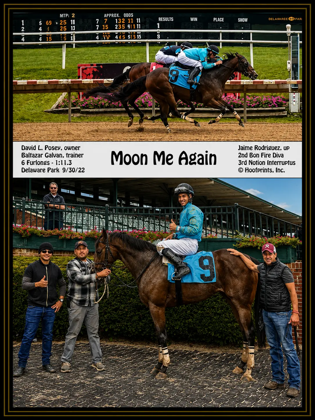 Moon Me Again winner's circle photo — Delaware Park — 9/30/22