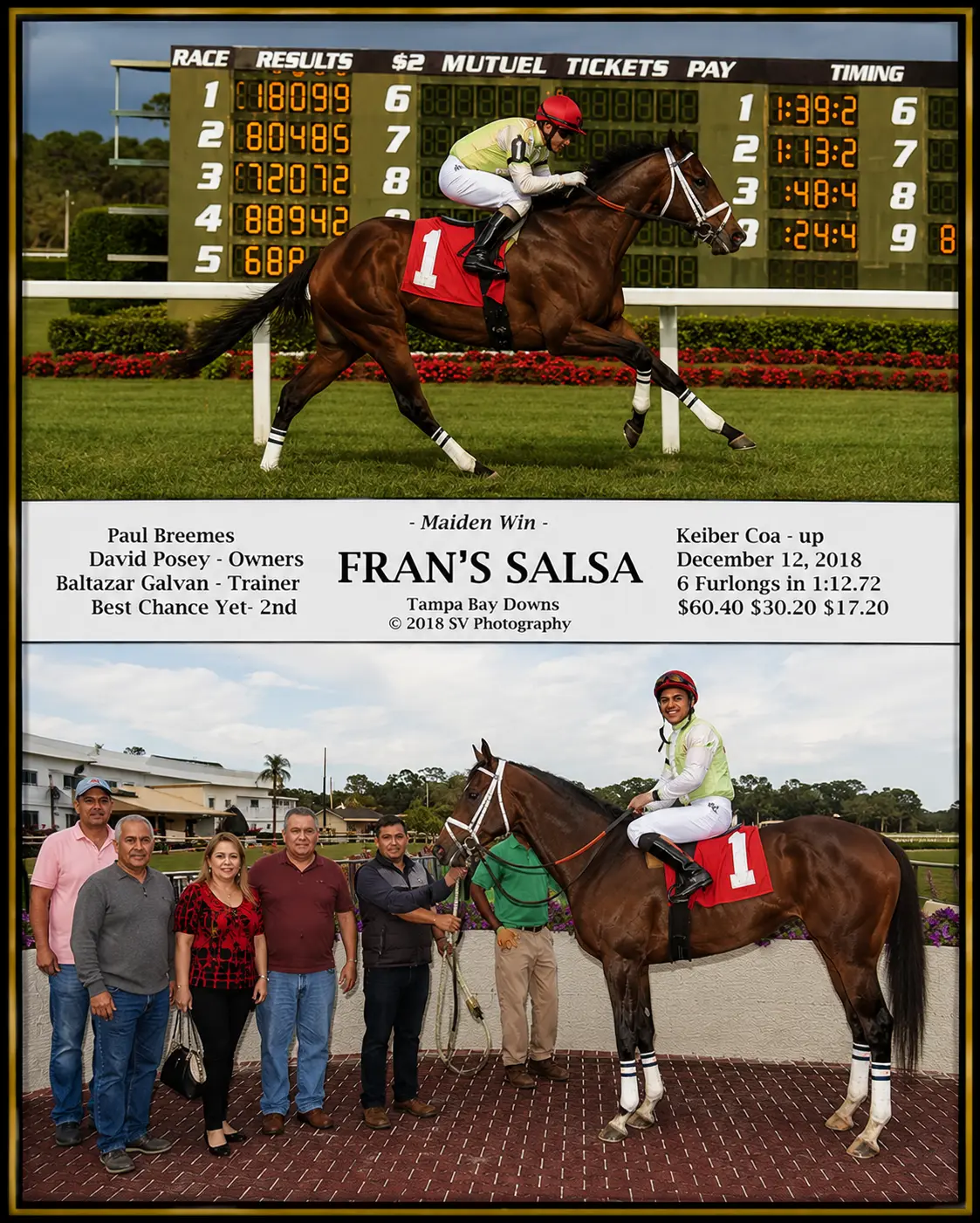 Fran's Salsa winner's circle photo — Tampa Bay Downs — 12/12/18