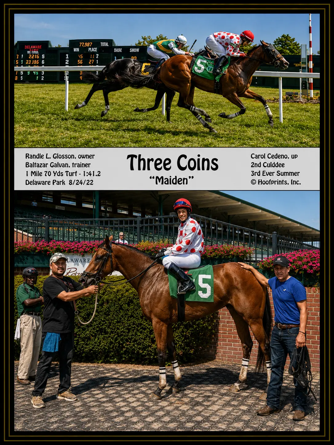 Three Coins winner's circle photo — Delaware Park — 8/24/22