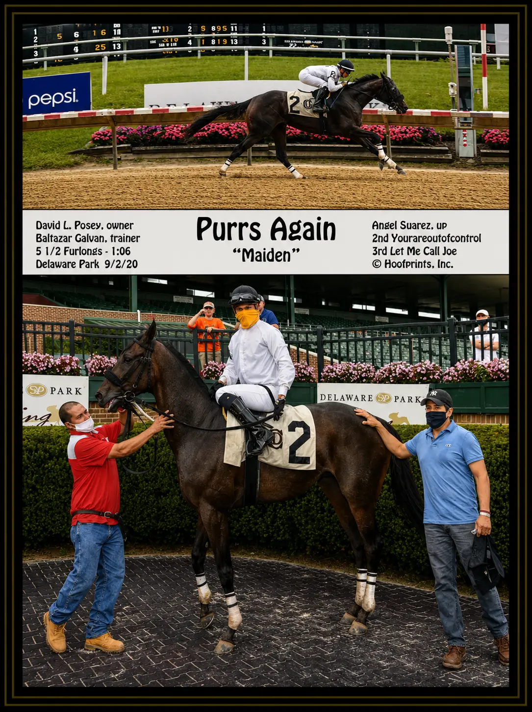 Purrs Again winner's circle photo — Delaware Park — 9/2/20