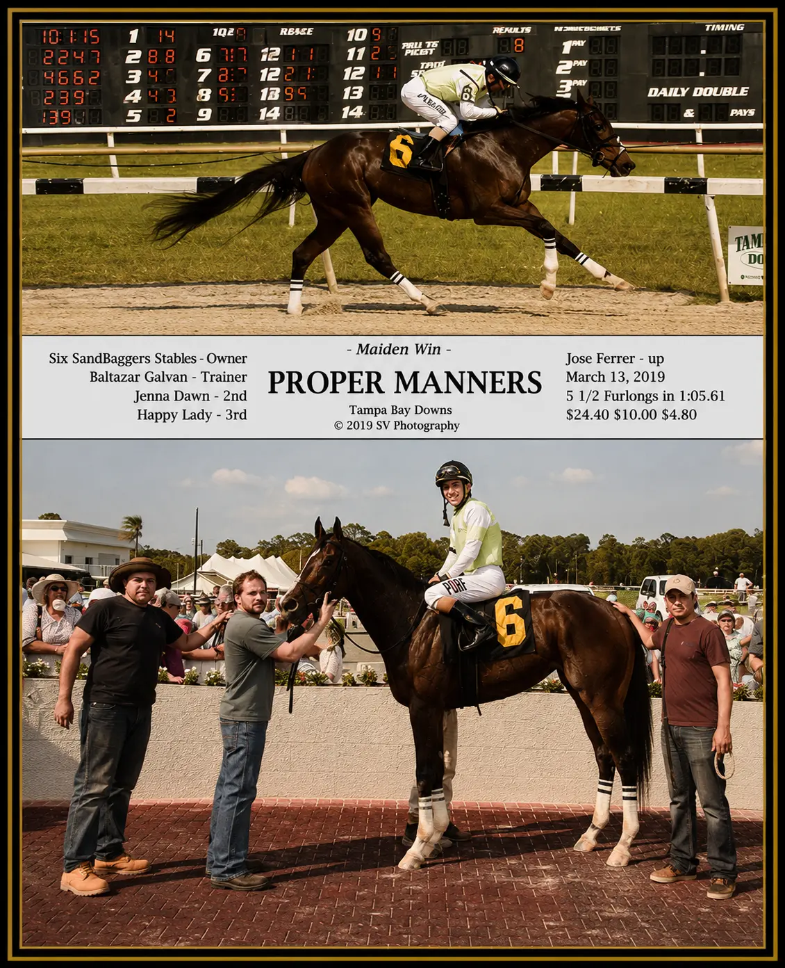Proper Manners winner's circle photo — Tampa Bay Downs — 3/13/19